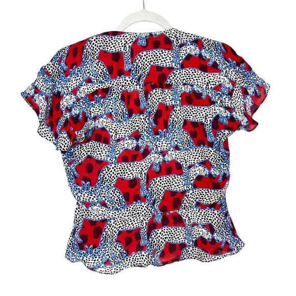Parker Peplum Top Leopard Silk Small Red White Cheetah Print Ruffle Short Sleeve - Picture 3 of 14